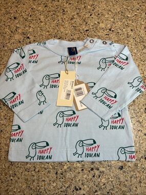 3-6 mos BONMOT Organic Happy Toucan Light Blue Longsleeve Crewneck T